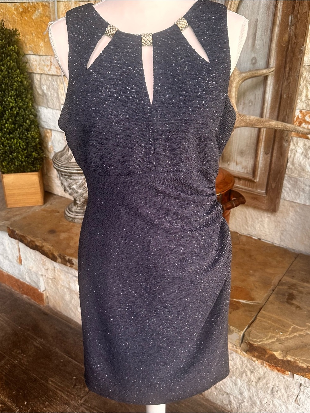 Eliza J Charcoal Sparkle Midi Sheath Dress with Jewel Cutouts